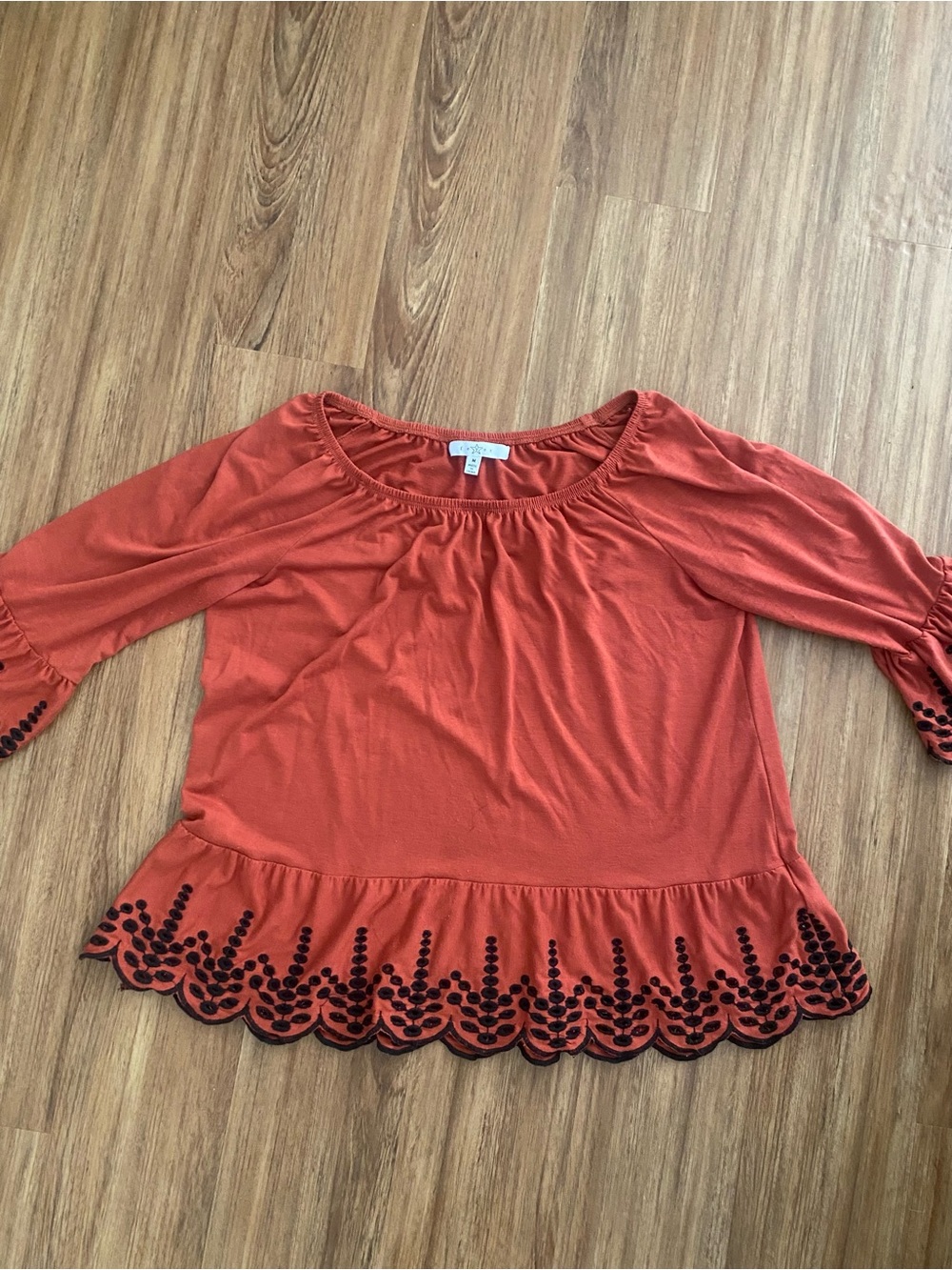 Fever Rust Orange Scoop-Neck Blouse with Scalloped Embroidery